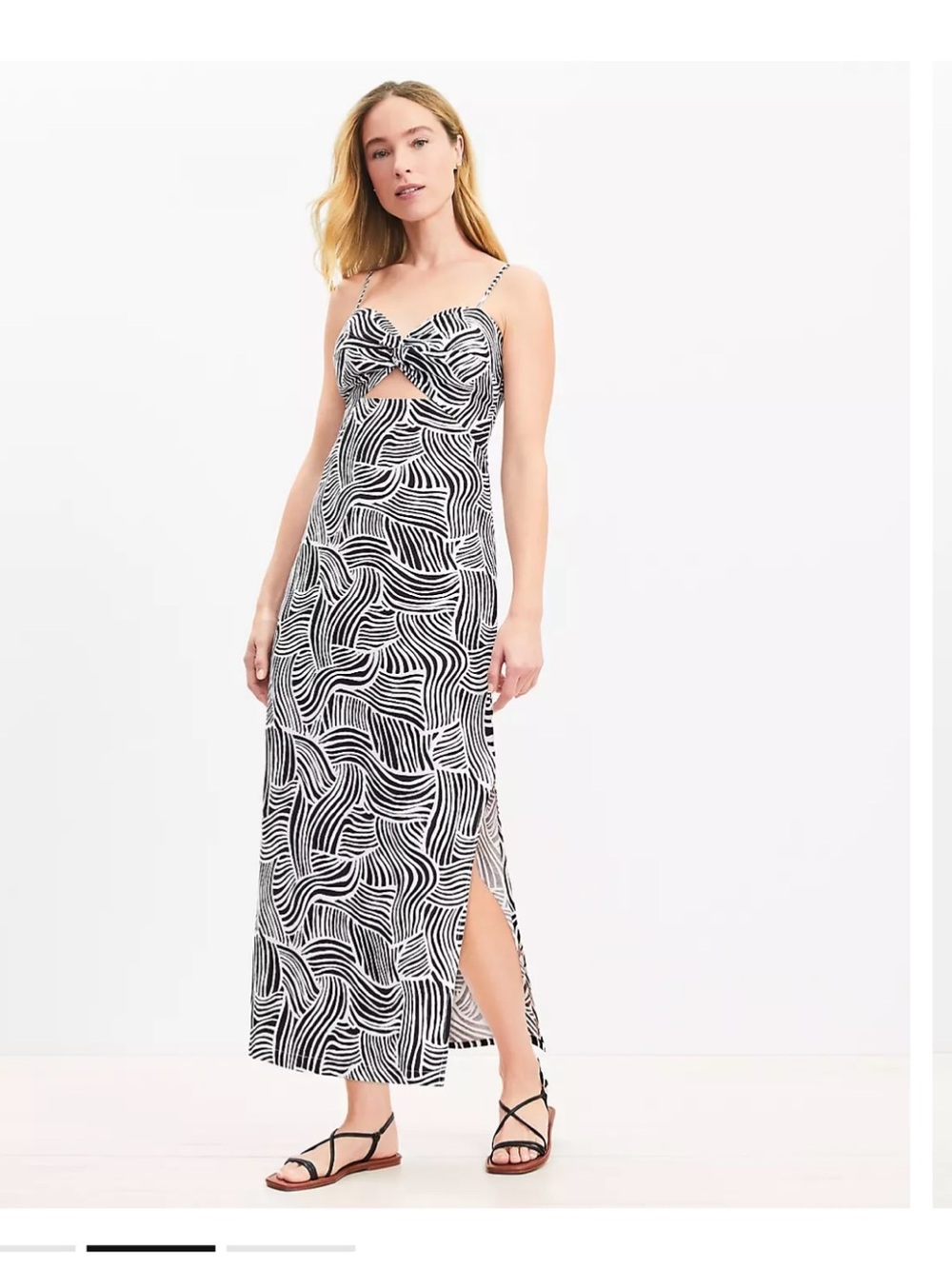 LOFT Black and White Knot-Front Maxi Dress